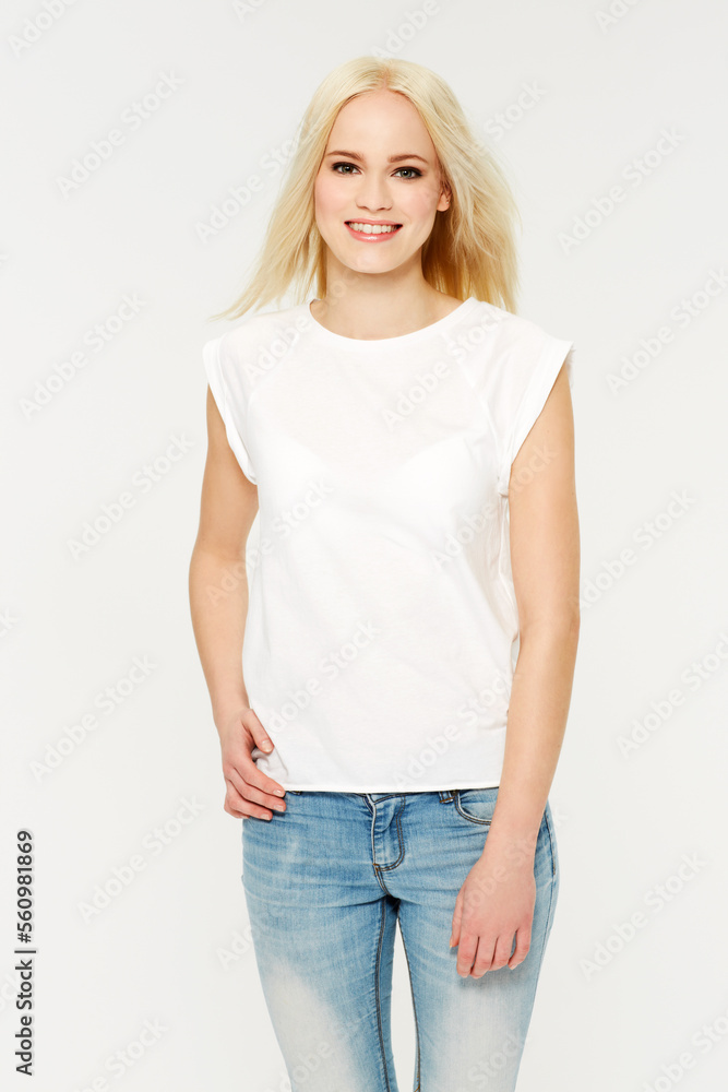 Fashion, smile and portrait of a model in studio with a cosmetic, makeup or natural face routine. Beauty, cosmetics and young woman from Australia with a casual outfit or clothes by white background.