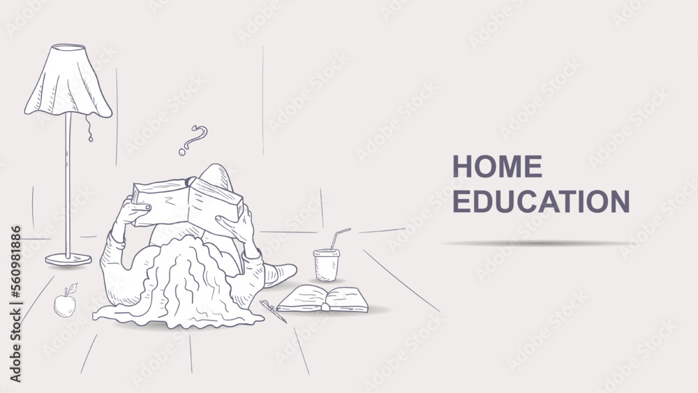 A girl is reading a book lying on the floor under a floor lamp a contoured black and white illustration in the style of a doodle A girl is reading a book lying on the floor under a floor lamp a contoured black and white illustration in the style of a doodle