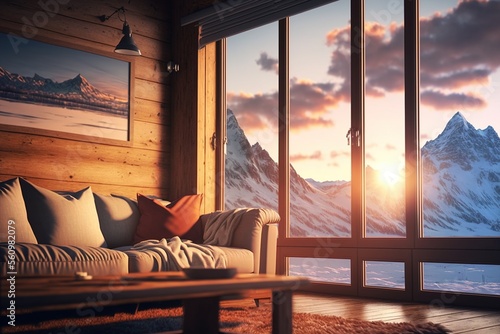 Leinwand Poster Mountains View Chalet Cabin Cosy Window
