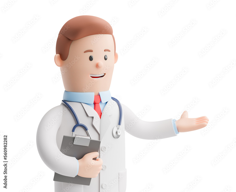 Doctor with a stethoscope holds a patient card in his hand. isolated on white background. 3d render Doctor with a stethoscope holds a patient card in his hand. isolated on white background. 3d render