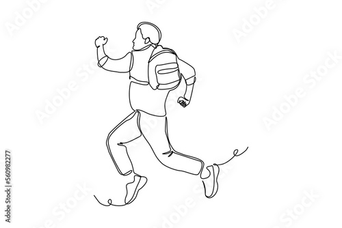 continuous single one line drawing art of college campus happy student man jumping with bag backpack. vector illustration