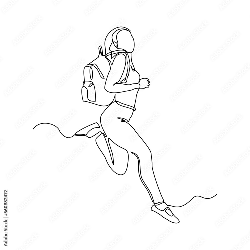 continuous single one line drawing art of college campus happy student woman jumping with bag backpack. vector illustration