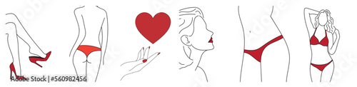 collection of simple linear silhouettes of women in sexy red lingerie and high heeled shoes, heart in hand on white background