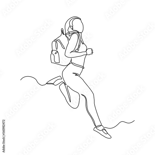 continuous single one line drawing art of college campus happy student woman jumping with bag backpack. vector illustration