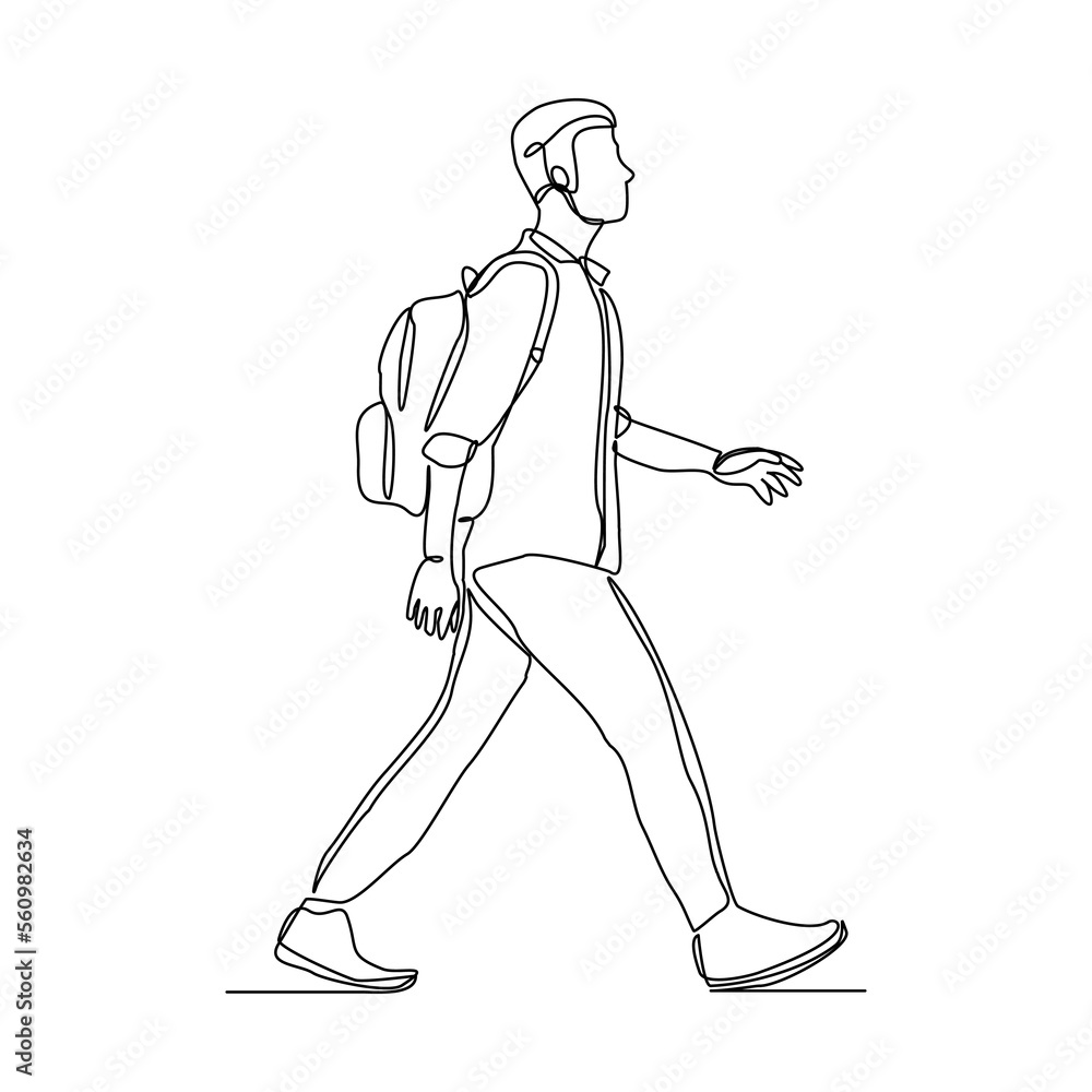 Continuous single one line drawing art of college campus student man with bag backpack. Vector illustration