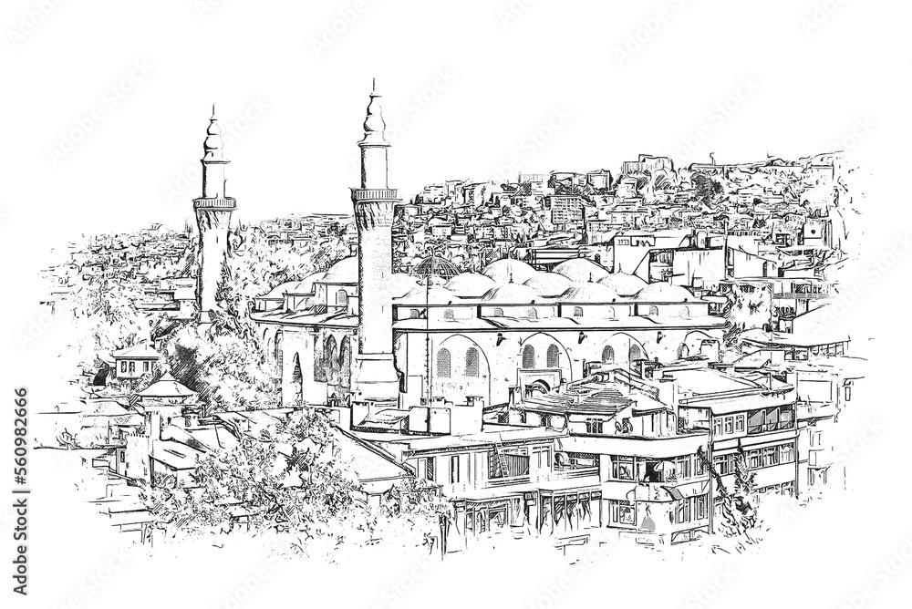 Grand Mosque of Bursa, a historic mosque in Bursa, Turkey, ink sketch illustration.