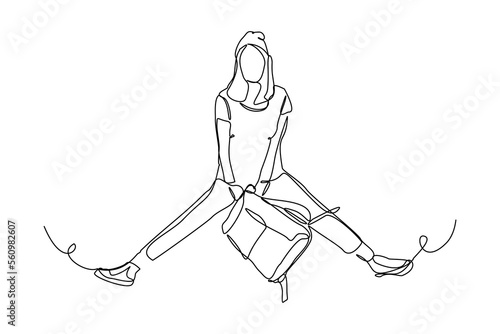 continuous single one line drawing art of college campus happy student woman jumping with bag backpack. vector illustration