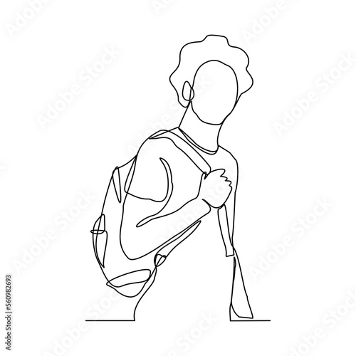 Continuous single one line drawing art of college campus student man with bag backpack. Vector illustration