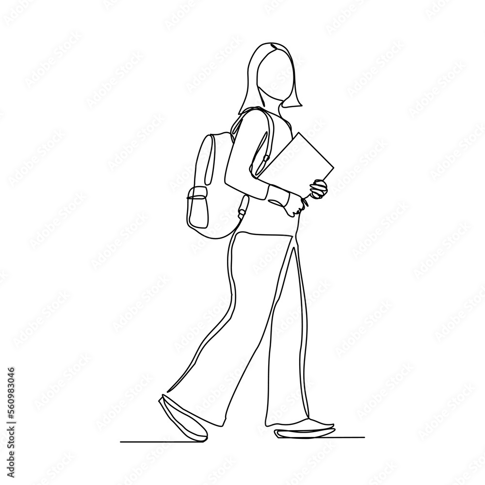 Continuous single one line drawing art of college campus student woman