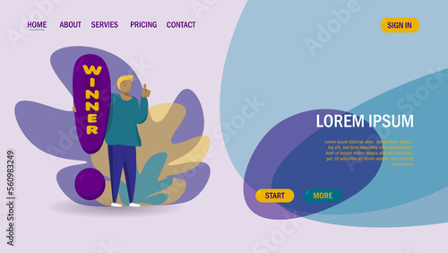 Template for web pages. Design of the main page. The lucky winner shows a like on the main page of the site. Vector illustration.