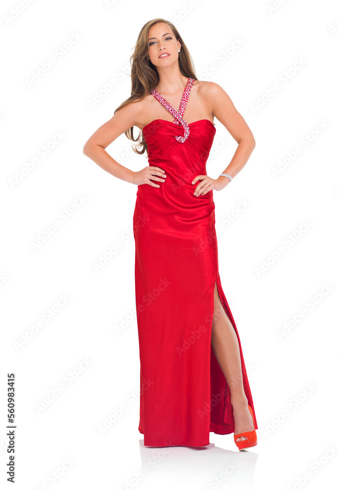 Fashion, elegant and portrait of a woman in a studio with a beautiful, classy and luxury red dress. Beauty, fancy and female model in silk, fashionable and stylish outfit isolated by white background