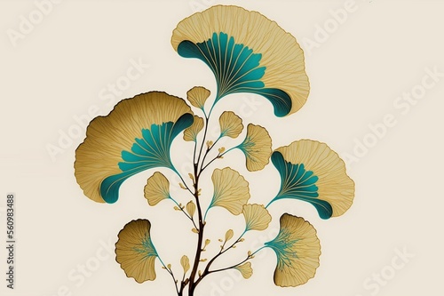 golden and blue turquoise color ginkgo biloba leaves are a perfect illustration for use in texture, patterns, and any graphic project, inspired art decò patterns, generative ai