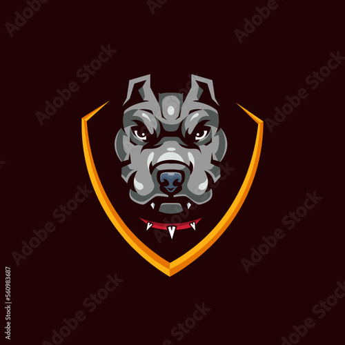 Pitbull Head in Shield Mascot Logo for Sport and Gaming isolated on dark Background