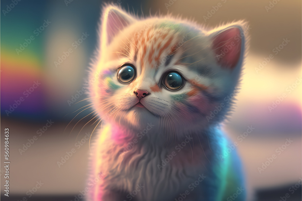 cute fluffy rainbow baby cat kitten, smiling, kids pastel color background, dreamy sweet with big eyes, illustration digital generative ai design art style