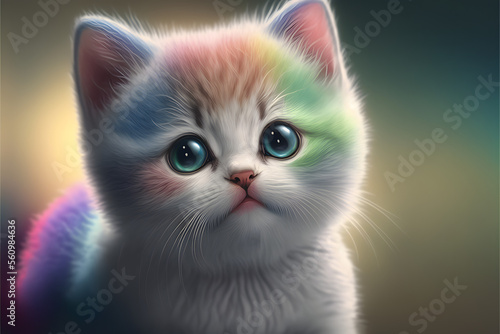 cute fluffy rainbow baby cat kitten, smiling, kids pastel color background, dreamy sweet with big eyes, illustration digital generative ai design art style