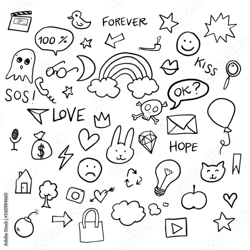 funny black ink hand drawn symbols vector simple line rendom contour icons school stickers set