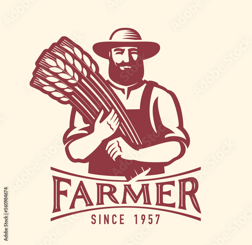 Farmer holding ears of bread wheat, logo or emblem vector. Agriculture, farming badge. Healthy organic natural farm food