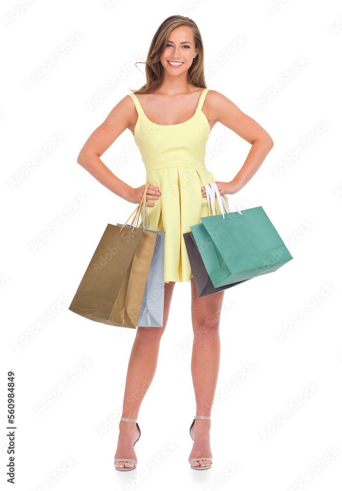 Fashion, portrait and woman with shopping bags in studio isolated on white background. Black Friday, sales deals and happy, rich and wealthy female customer standing with gifts after buying at mall.