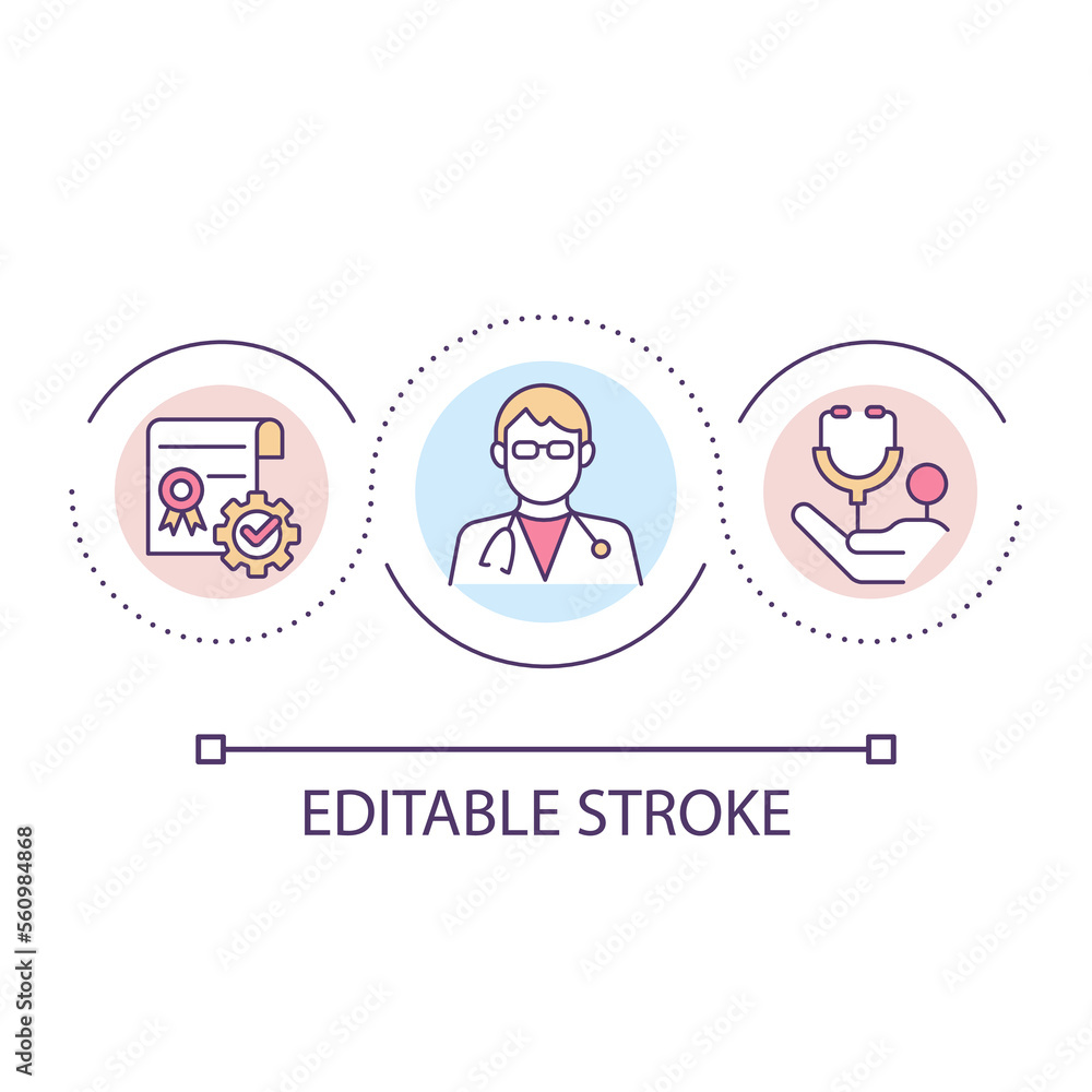 Certified doctor loop concept icon. Medical specialist. Professional physician. Diploma in medicine abstract idea thin line illustration. Isolated outline drawing. Editable stroke. Arial font used