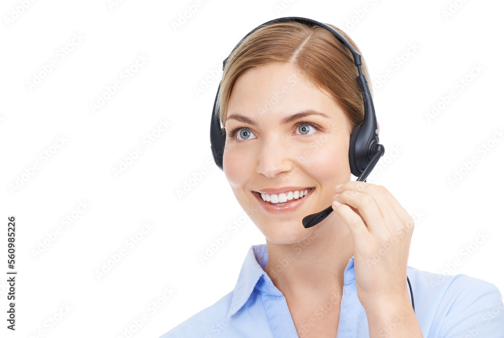 Face, customer service and woman at call center in studio isolated on white background mockup. Crm, thinking and smile of happy female telemarketing worker, consultant or sales agent from Canada. Face, customer service and woman at call center in studio isolated on white background mockup. Crm, thinking and smile of happy female telemarketing worker, consultant or sales agent from Canada.