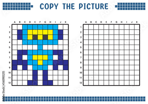 Copy the picture, complete the grid image. Educational worksheets drawing with squares, coloring cell areas. Children's preschool activities. Cartoon vector, pixel art. Super robot illustration.