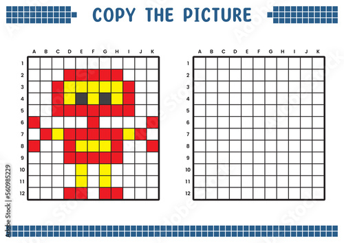 Copy the picture, complete the grid image. Educational worksheets drawing with squares, coloring cell areas. Children's preschool activities. Cartoon vector, pixel art. Iron robot illustration.