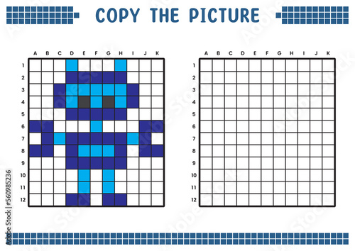 Copy the picture, complete the grid image. Educational worksheets drawing with squares, coloring cell areas. Children's preschool activities. Cartoon vector, pixel art. Industrial robot illustration.