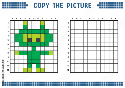 Copy the picture, complete the grid image. Educational worksheets drawing with squares, coloring cell areas. Children's preschool activities. Cartoon vector, pixel art. Alien robot doll illustration.