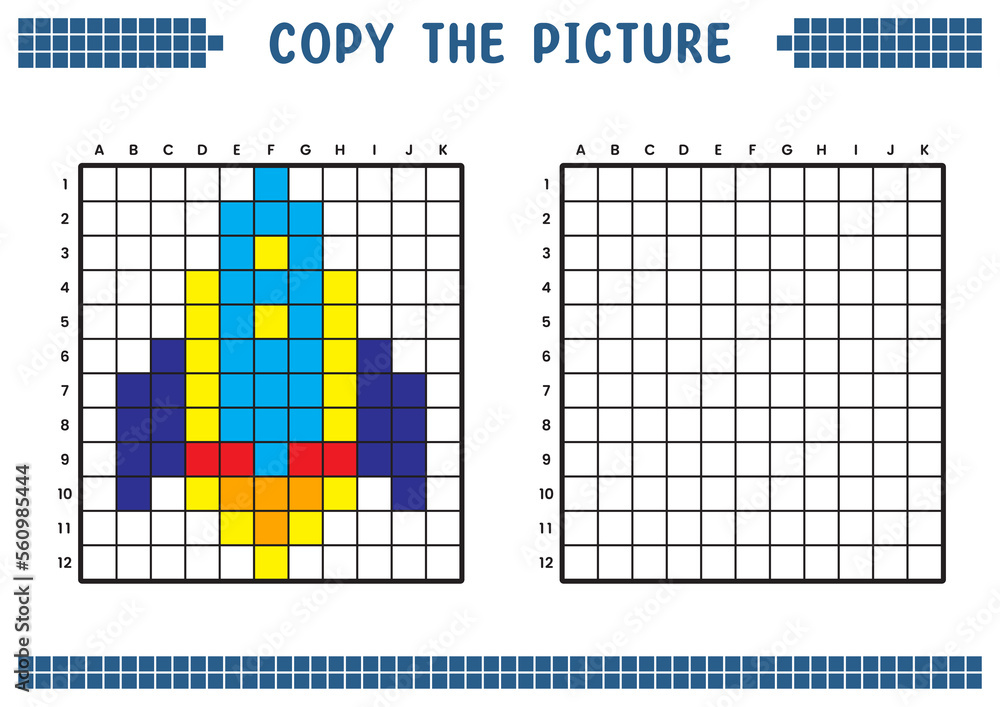 Fototapeta premium Copy the picture, complete the grid image. Educational worksheets drawing with squares, coloring cell areas. Children's preschool activities. Cartoon vector, pixel art. Space shuttle illustration.