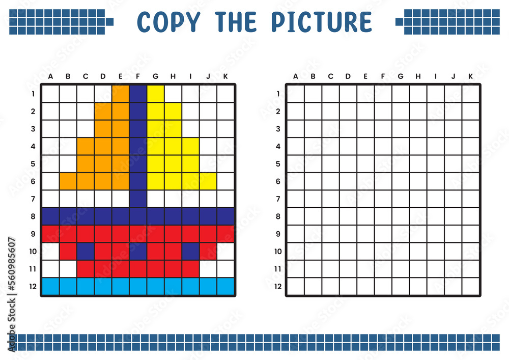 Fototapeta premium Copy the picture, complete the grid image. Educational worksheets drawing with squares, coloring cell areas. Children's preschool activities. Cartoon vector, pixel art. Sailing ship illustration.