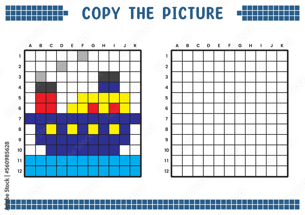 Fototapeta premium Copy the picture, complete the grid image. Educational worksheets drawing with squares, coloring cell areas. Children's preschool activities. Cartoon vector, pixel art. Cruise ship illustration.
