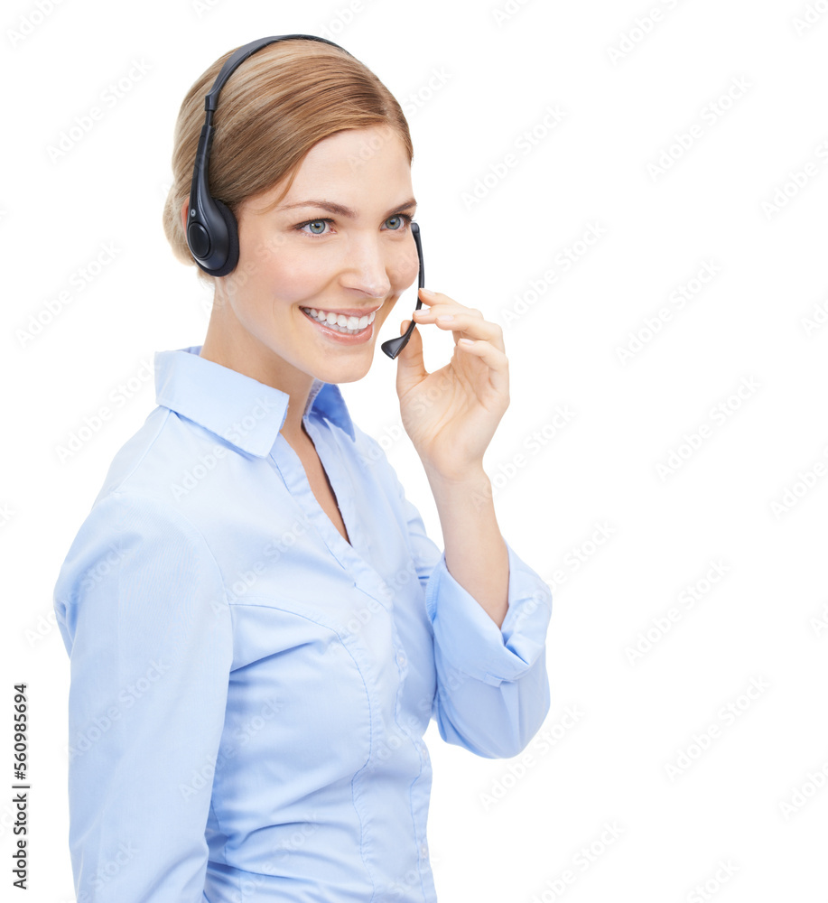Customer service, face and woman at call center in studio isolated on a white background mock up. Crm, thinking and smile of happy female telemarketing worker, consultant or sales agent with headset. Customer service, face and woman at call center in studio isolated on a white background mock up. Crm, thinking and smile of happy female telemarketing worker, consultant or sales agent with headset.