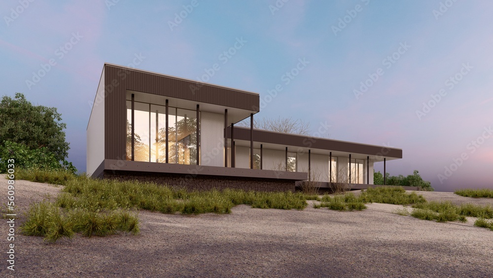 Architecture 3d rendering illustration of modern minimal house with natural landscape Architecture 3d rendering illustration of modern minimal house with natural landscape