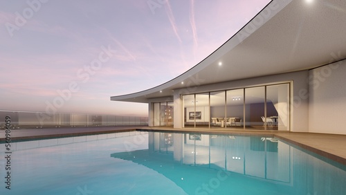 Architecture 3d rendering illustration of modern minimal house with swimming pool © Aris Suwanmalee