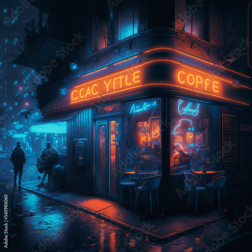 A cyber cafe in a night city with neon © Kaique