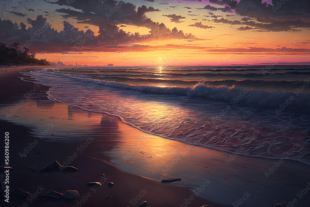 Beach. Ocean. Wave. Sunset. Landscape. Generative AI.