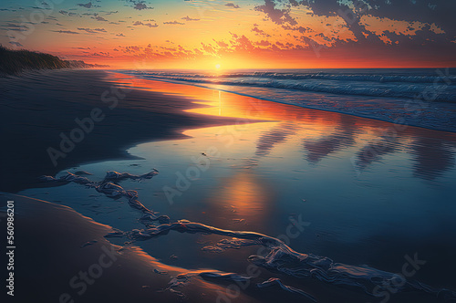 Beach. Ocean. Wave. Sunset. Landscape. Generative AI. © ART IS AN EXPLOSION.
