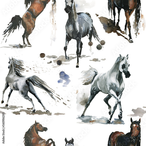 Hand drawn. Watercolor  illustration. Cute cartoon. Seamless pattern. Horses white and dark brown. Mustang wild Arabian.  White background. Pastel color. For cloth  linen and other texture.