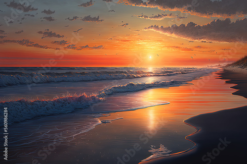 Beach. Ocean. Wave. Sunset. Landscape. Generative AI. © ART IS AN EXPLOSION.
