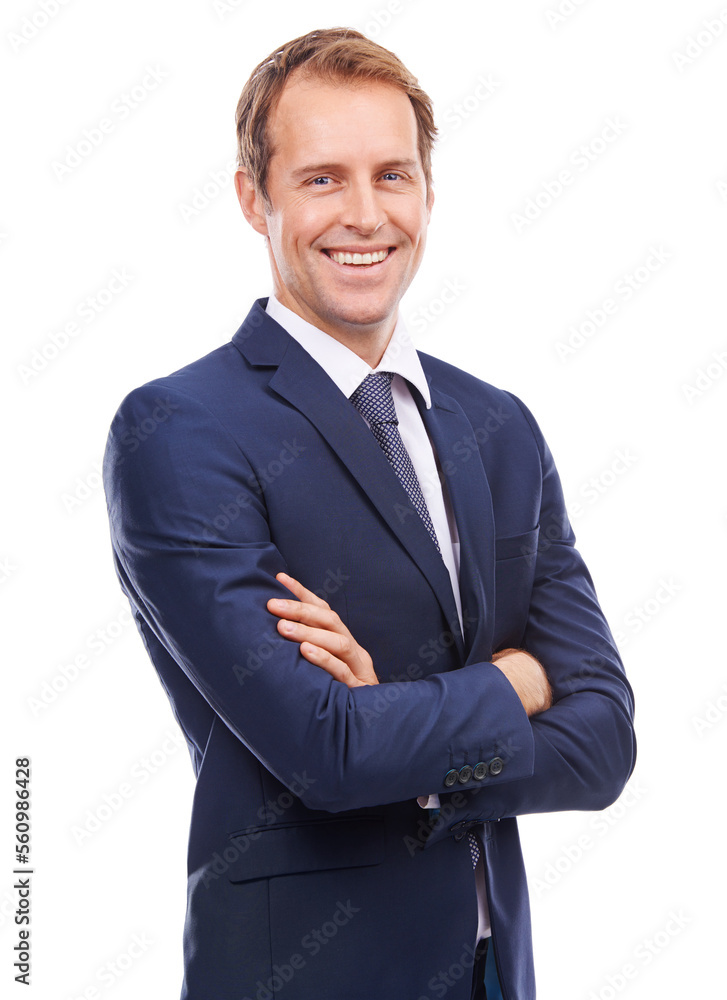 Portrait, mindset and mission with a business man in studio isolated on a white background standing arms crossed. Vision, future and growth with a male employee in a suit for corporate success Portrait, mindset and mission with a business man in studio isolated on a white background standing arms crossed. Vision, future and growth with a male employee in a suit for corporate success