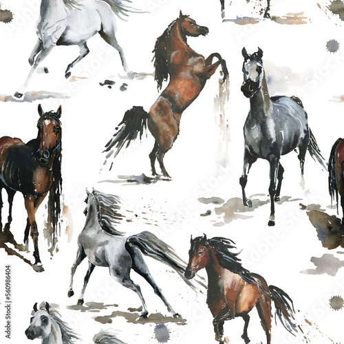Hand drawn. Watercolor illustration. Cute cartoon. Seamless pattern. Horses white and dark brown. Mustang wild Arabian. White background. Pastel color. For home design. Other texture.