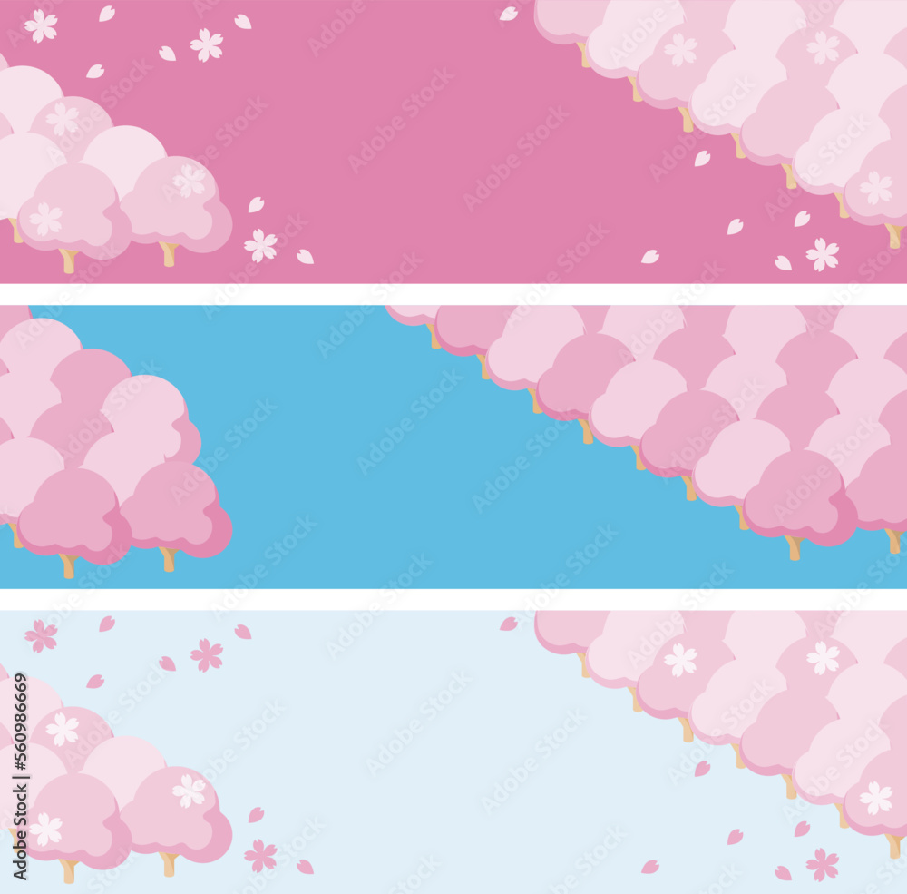 バナー　春　さくら　桜　花　アイソメトリック　フレーム　背景　コピースペース　イラスト素材セッ