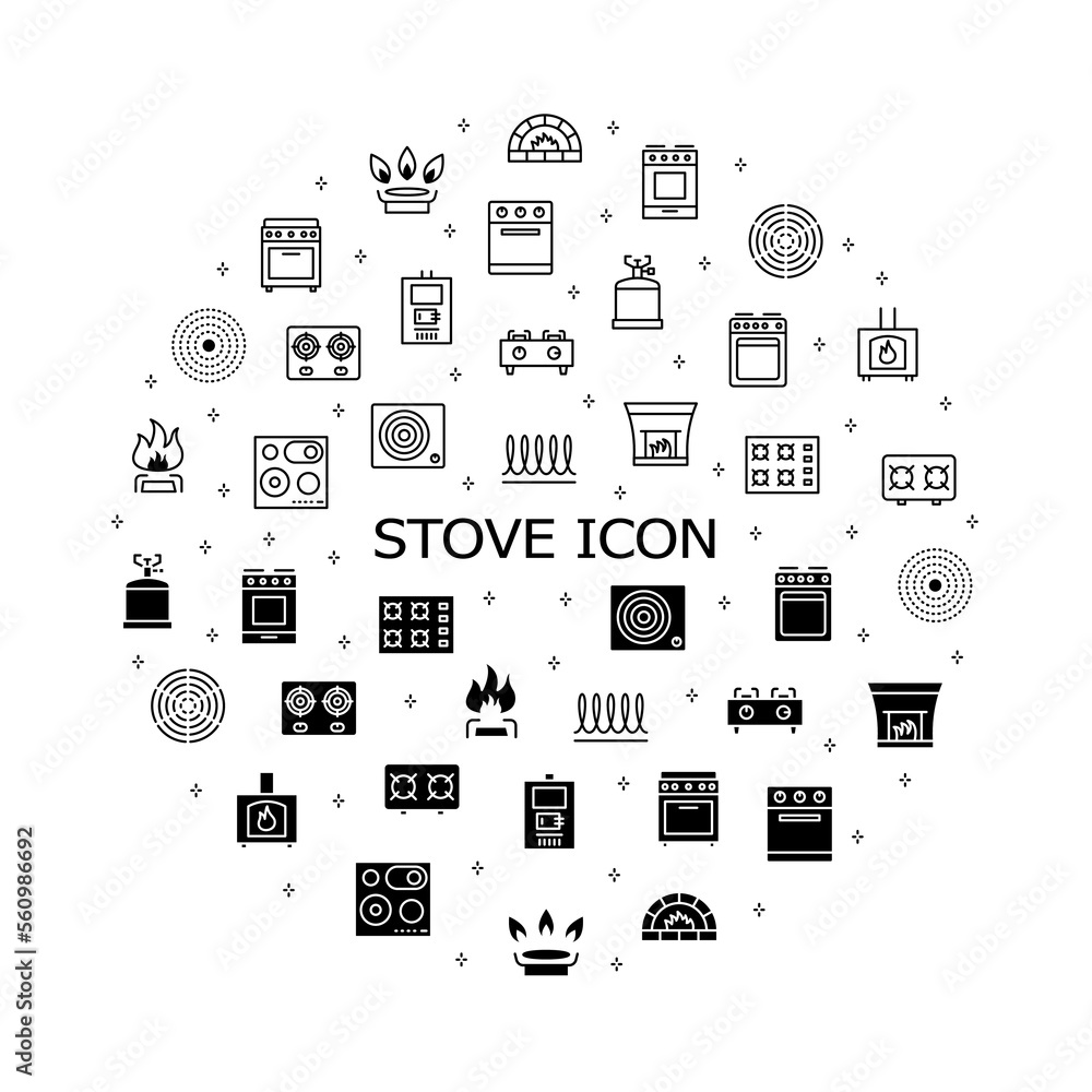 Stove flat line icons set. Contains such Icons Burner, Oven, Cooker, Camping gas, wood burning stove, brick oven. Simple flat vector illustration for web site or mobile app. Stove flat line icons set. Contains such Icons Burner, Oven, Cooker, Camping gas, wood burning stove, brick oven. Simple flat vector illustration for web site or mobile app.