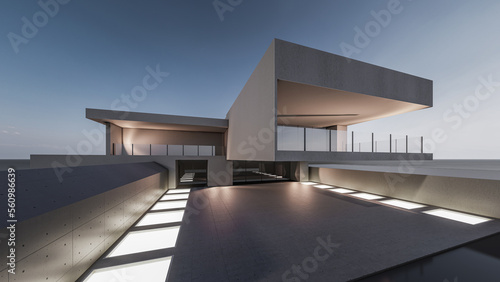 Architecture 3d rendering illustration of modern minimal house with natural landscape