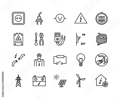 Electrician flat line icons set. Contains such Icons as power socket, torn wire, energy meter, lamp, electricity services. Simple flat vector illustration for web site or mobile app.