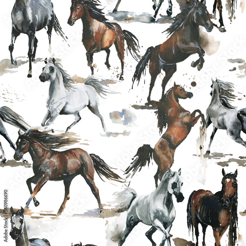 Hand drawn. Watercolor illustration. Cute cartoon. Seamless pattern. Horses white and dark brown. Mustang wild Arabian. White background. Pastel color. For home design. Other texture.