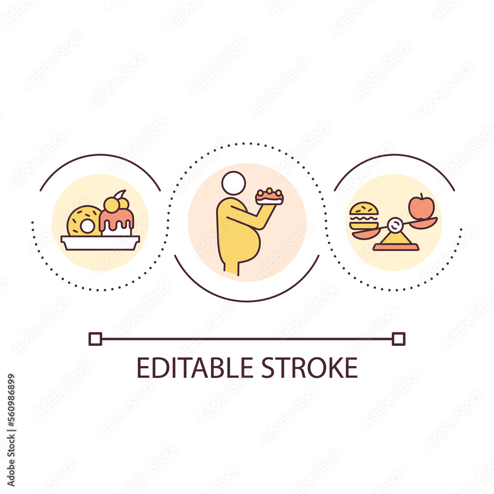 Obesity loop concept icon. Overweight leads to diseases. Poor nutrition. Unhealthy lifestyle abstract idea thin line illustration. Isolated outline drawing. Editable stroke. Arial font used Obesity loop concept icon. Overweight leads to diseases. Poor nutrition. Unhealthy lifestyle abstract idea thin line illustration. Isolated outline drawing. Editable stroke. Arial font used
