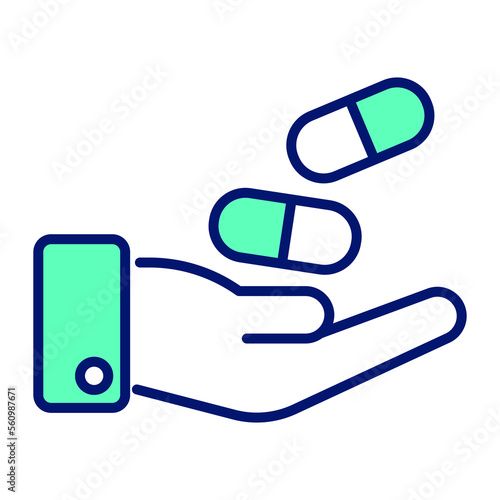 Hand with pills icon concept of medical dose, editable vector