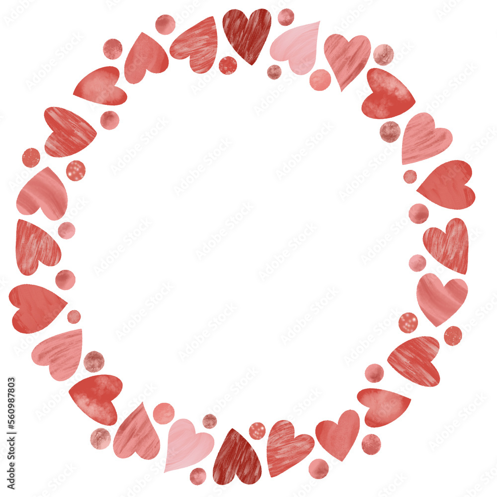 Round frame of red hearts, hand drawn illustration