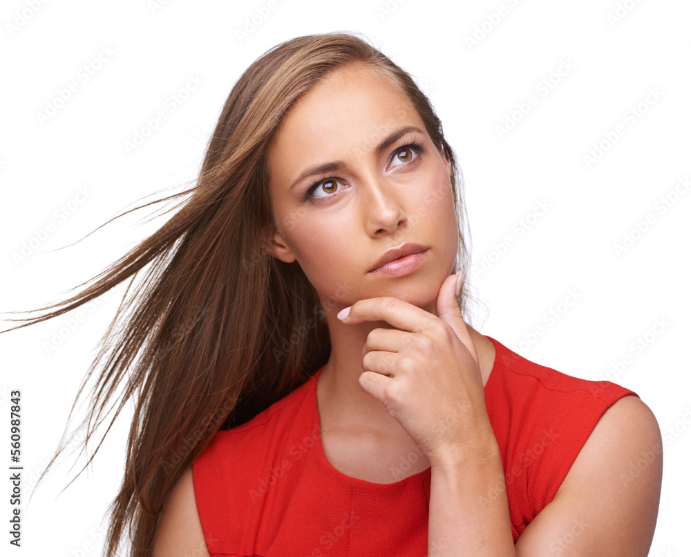 Thinking, ideas and thoughtful woman in studio for planning, wondering and daydreaming. Pensive, ponder and female model from Brazil brainstorming or contemplating while isolated by white background. Thinking, ideas and thoughtful woman in studio for planning, wondering and daydreaming. Pensive, ponder and female model from Brazil brainstorming or contemplating while isolated by white background.